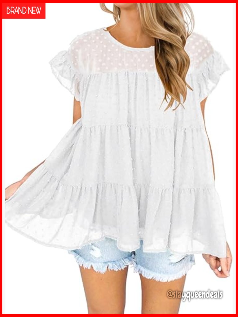 Swiss Dot Peplum Babydoll Top Ruffle Sleeve Flowy Blouse Women's Tunic